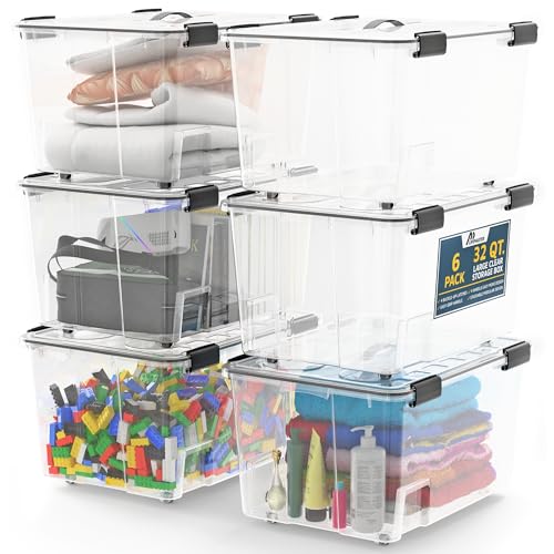 Lifemaster Stackable Storage Box Set - 6 Pieces 32 Quarts Multi-purpose, Space-Efficient Stackable Storage Boxes with Nestable Design, Secure Latches, Easy-Move Wheels & Pull-Out Base - Clear