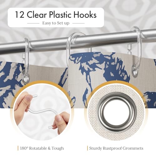 Image of AmazerBath Navy Blue Floral Shower Curtain, Modern Farmhouse Shower Curtain Set with Tassels, Rustic Faux Linen Shower Curtain Washable with Hooks for Cottagecore Style, 72x72 Inches