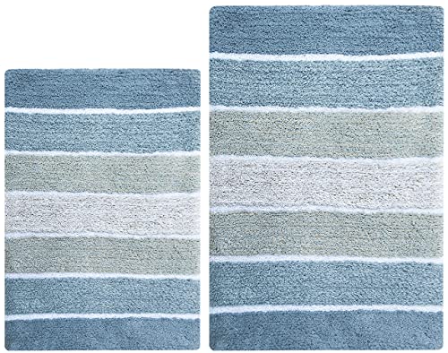 Chardin Home Cordural Stripes Bath Mat, Set of 2 Bath Rugs (17 Inches x24 Inches & 21 Inches x34 Inches) | Non Slip Bathroom Rug, Machine Washable, Plush, Highly Absorbent | Ombre Blues & White