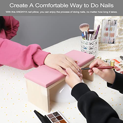 Arm Rest For Nail Techs, Professional Microfiber Leather Nail Arm Rest Cushion With Soft High-Density Sponge Solid Wood Table Non-Slip Manicure Hand Rest Stand For Nail Supplies (Pink) #TOP1