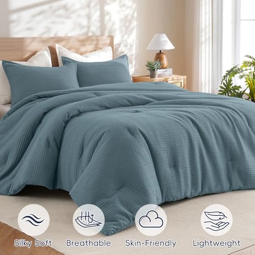 Image of PHF Soft Waffle Comforter Set Queen Size- Comfy Breathable Waffle Weave Comforter with 2 Pillow Shams, 3 Pieces Less Snagging Lightweight Textured Bedding Set for All Season, Stormy Blue
