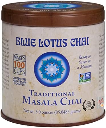 Blue Lotus Chai – Traditional Masala Chai – Makes 100 Cups – 3 Ounce Masala Spiced Chai Powder with Organic Spices – Instant Indian Tea No Steeping – No Gluten
