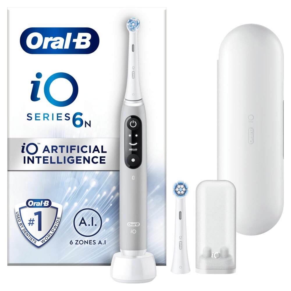 Oral-B iO 6N Elektrische Zahnbürste mit wiederaufladbarem Griff, 2 Aufsätzen und Reiseetui, entworfen von Braun - Grau