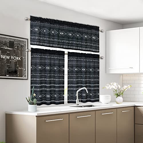 Caremee Boho Kitchen Curtains, 2 Panels Boho Short Window Curtains Geometric Semi-Blackout Window Curtains Farmhouse Country Cafe Curtains For Kitchen Bathroom Bedroom, 26 × 36 Inch, Black Boho #TOP4