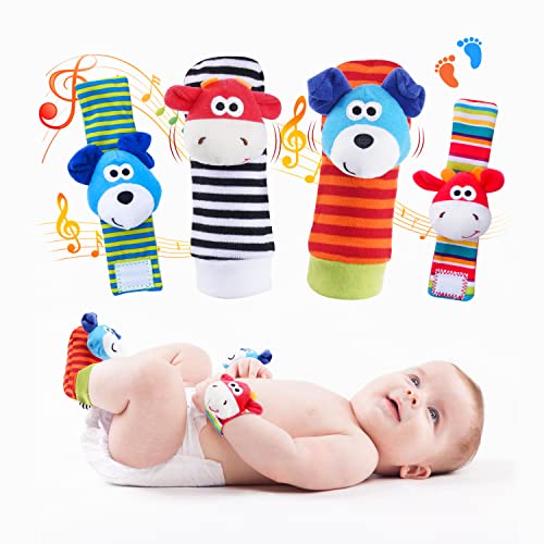 Image of Koty Baby Wrist Rattles Foot Finder Toys Set, Toddler Rattle Sock, Arm Hand Bracelet, Feet Leg Ankle Socks, Gift for Newborn Infant Babies Boy Girl Bebe(Dog & Cow)