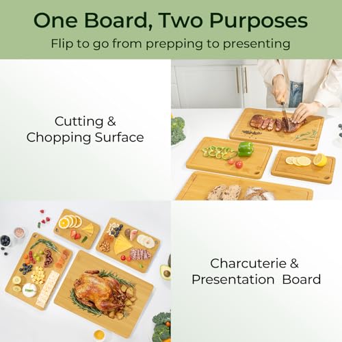 Image of Keechee Natural Bamboo Cutting Board Set of 4, Wood Chopping Block Set | Non Toxic, Resisted-Cracking&Curling, Deep Juice Groove, Side Handles,Cross-Laminated Structure, Knife-Friendly
