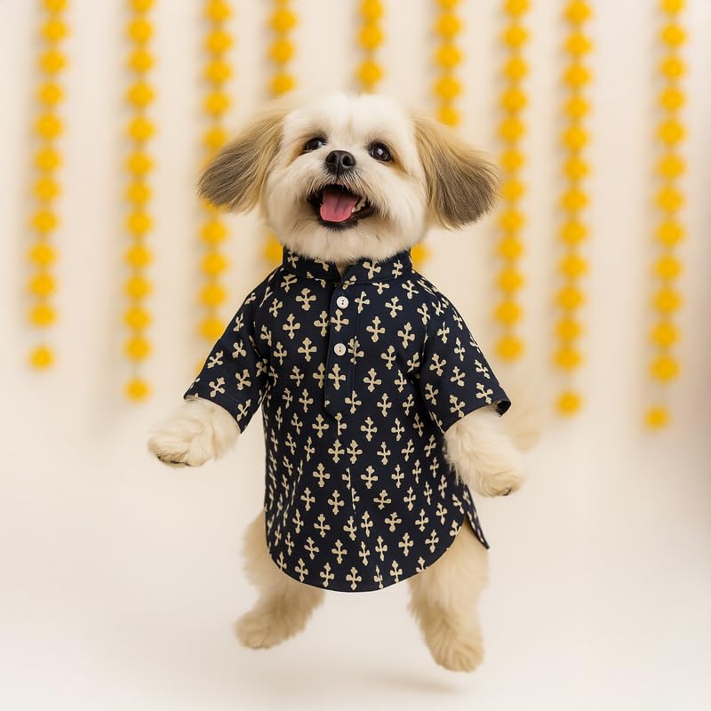 Image of Thunder Tails Soft Cotton Dog Kurta for Small Dogs & Puppies | Comfortable Traditional Pet Wear for Pekingese, Maltese & Mini Breeds | Ethnic Outfit Festivals (Black, Small)