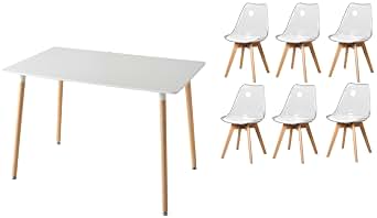 Juego de Mesa y Sillas de Comedor para Cocina con 6 Sillas, Mesa Rectangular de Madera, Sillas Nórdicas Modernas Rransparentes, para Comedor, Cocina y Sala de Estar (Blanco + Blanco)