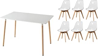 Juego de Mesa y Sillas de Comedor para Cocina con 6 Sillas, Mesa Rectangular de Madera, Sillas Nórdicas Modernas Rransparentes, para Comedor, Cocina y Sala de Estar (Blanco + Blanco)