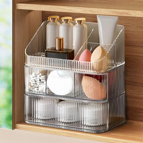 Medicine Cabinet Organizer 3 Tier, Stackable Bathroom Mirror Cabinet Organizers with Removable Dividers，Makeup Storage with 2 Drawer and 1 Tray for Wall Cabinet, Vanity, Closet，Countertop