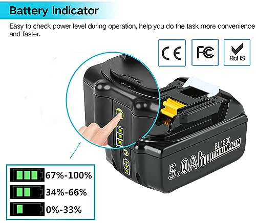 2X 18V 5000mAh Li-ion Ersatzakku für Ma-Kita Akku BL1850B BL1830 BL1850 BL1860 BL1830B BL1860B BL1840 BL1820 BL1845 BL1835 BL1815 LXT-400 mit LED Indikator