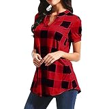 CAOQAO Sommer Top Lose Mode LäSsige Plaid Printed Kurzarm V-Ausschnitt UnregelmäßIger Rand Bluse T-Shirt Tops(5XL,Red)