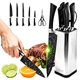 Raganet, Set de Cuchillos de Cocina 7 Piezas con Base Metálica Plateada, Cuchillos de Acero Antioxidante con Mango...