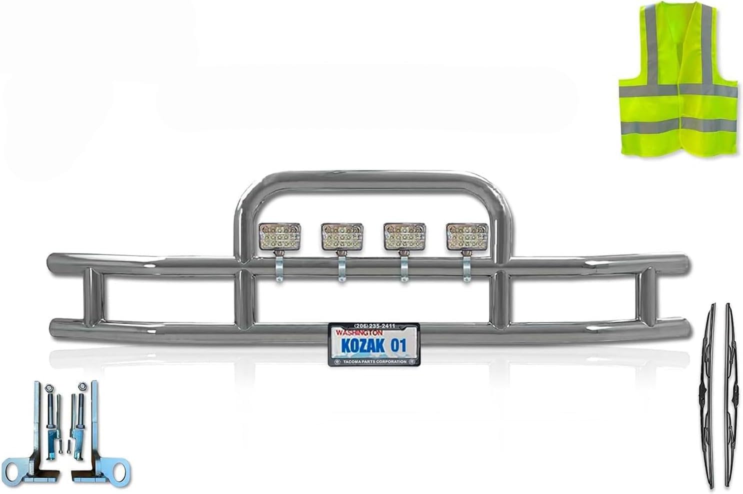 KOZAK Front Bumper Grille Deer Brush Moose Guard - Round - Compatible with Kenworth T660 Semi Trucks Plus 4x 6" LED Lights, License Plate Holder, Bracket, Logo, Wipers and Vest
