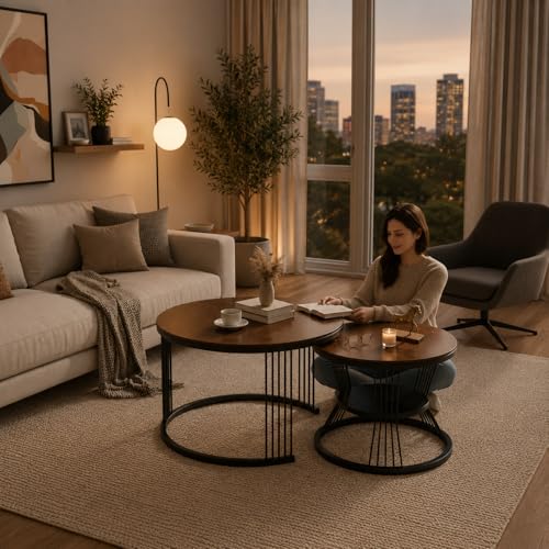 Image of Roldo Modern Nesting Coffee Table Set of 2 for Living Room, Round Coffee & Side Table with Metal Frame and Marble Finish MDF Top, Center Table for Sofa, Home Decor Office & Apartment (Black Walnut)