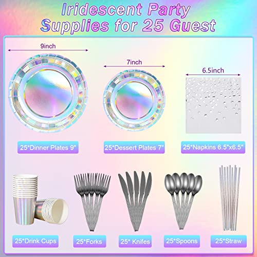 Iridescent Party Supplies Decorations, Holographic Plastic Plates And Napkins Set, Disposable Iridescent Paper Plates Cups Knives Spoons Fork Straw For Unicorn Mermaid Birthday Wedding Party, Serve 25 #TOP1