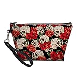 Pensura Zipper Head Cosmetic Handbag Large Internal Capacity Hold Multiple Makeup Tools Pencil Coin Case PU Leather Strap Printed Floral Skull