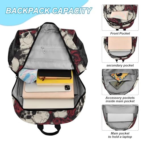 Skulls Roses Backpack Lunch Bag Set for Travel Hiking Picnic, Backpacks with Insulated Lunch Box4