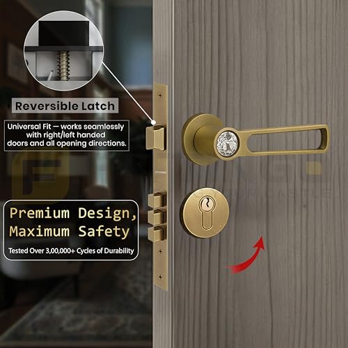 Image of Nice Mortise Door Handle Lock Set /Premium Zinc Alloy Door Handle with Locks /Heavy-Duty Main Door Handle with Lock for Home, Office & Hotel Doors - 3 Years Warranty - Brass Antique