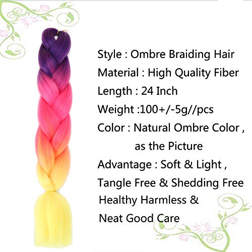 Imierfa 3 Tone Color Ombre Braiding Hair Extensions Kanekalon Braiding Hair Feed In Hair For Braids Twist Braids Box Braids Crochet Hair (Purple-Red Pink-Yellow 24" 3Pcs) #TOP1
