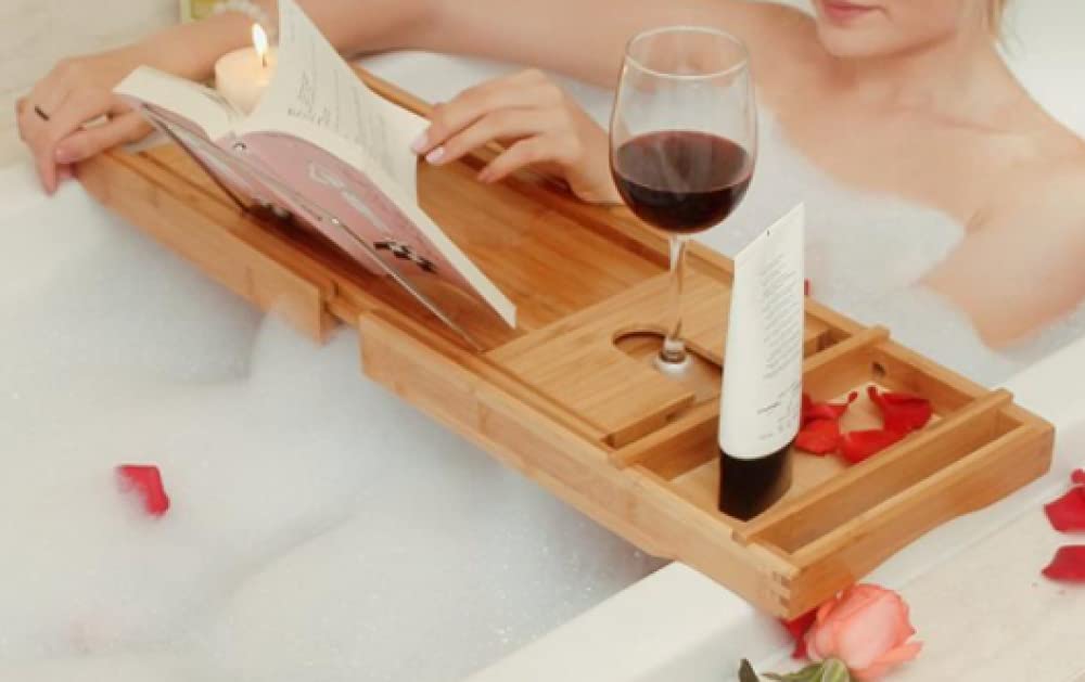Bandeja De Bambú para Bañera con Características 12 En 1, Incluye Asa Antideslizante, Jabonera, Soporte para Copa De Vino, Estantería, Estante De Madera Y Bandeja para Bañera