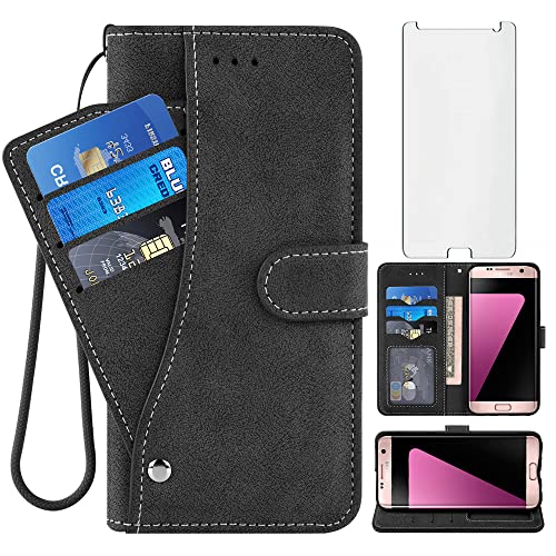 Asuwish Compatible with Samsung Galaxy S7 Wallet Case and Tempered Glass Screen Protector Flip Credit Card Holder Stand Kickstand Cell Phone Cover for Glaxay S 7 7s GS7 SM-G930V G930A Women Men Black