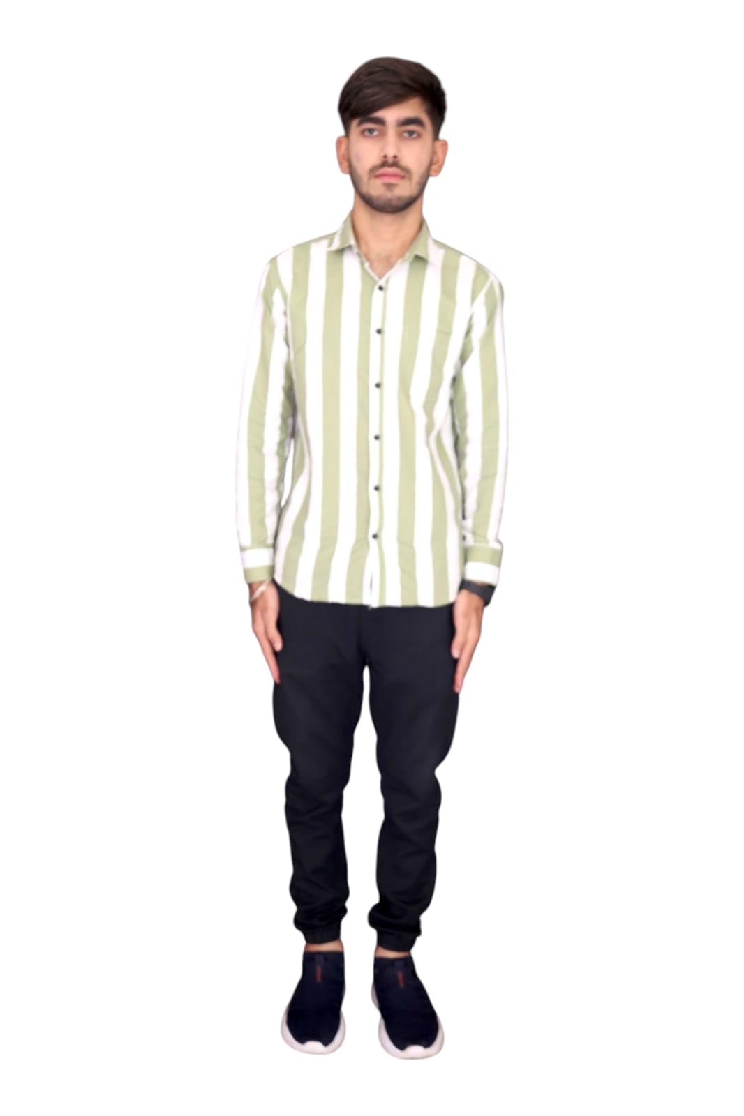 Men's Striped Button-Up Shirt with Long Sleeves and Casual Pants Set-picture-44