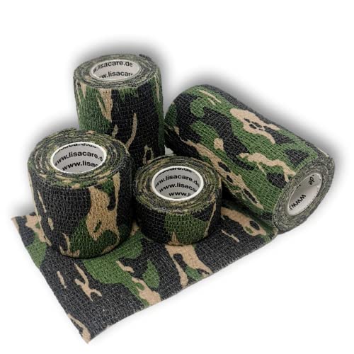 LisaCare - selbsthaftende Bandagen - Tarnband selbsthaftend - Tarnband selbstklebend 4er-Set 2,5-10cm breit Bandage Pflaster (Camouflage grün) Cover