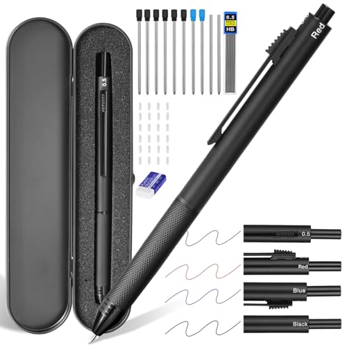 AUAUY 4-in-1-Schreibgerät mit Kugelschreiber und Druckbleistift, Kugelschreiber mit 3 Feinen Spitzen(Schwarze/Blau/Rote Tinte) und 1 Druckbleistift mit Spitze(0,5mm Mine) mit Ersatzminen, Radiergummis