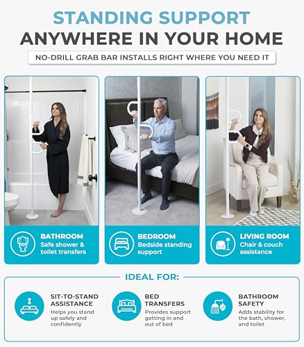 Image of Stander Double Handle Non-Rotating Floor to Ceiling Grab Bar, No-Drill Tension Mounted Transfer Pole for Seniors, Bath Safety & Bedside Assist Rail for Home Standing Support & Fall Prevention, White