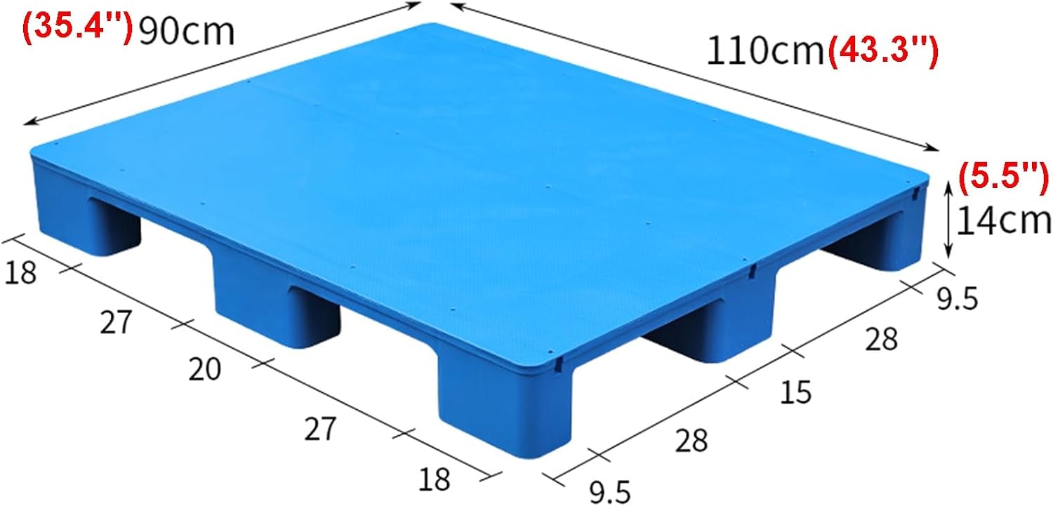 Stackable Plastic Pallets Modular Flat Pallets Square Goods Storage Pallets Water Proof Shelf Dividers for Warehouses Basements Goods and Logistics Handling Blue Colour(90x110x14cm/35.4x43.3