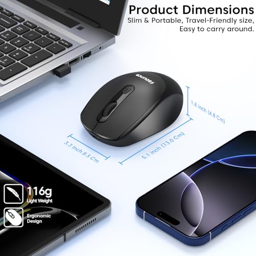 Image of Sounce Quantum Wireless Mouse 800 /1200 /1600 DPI with 500 mAh Rechargeable Battery, Silent Click Buttons, 2.4GHz USB Nano Receiver, Ergonomic Compact Design for Laptop, PC & Office Use (Black)