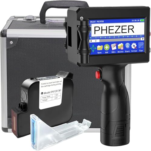 Phezer 1inch/25.4mm Handheld Inkjet Printer with 72ml Quick Dry Ink Cartridge, Portable Printer Gun for for Text/Barcode/Logo/QRCode/Counter/Batch NO/Date (Model P15-1N with Suitcase)