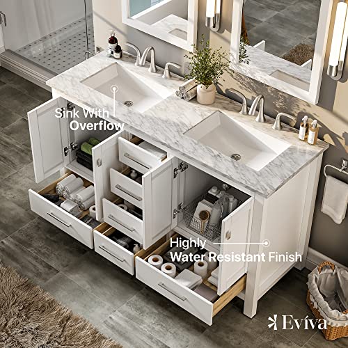 Eviva Luxurious Double Bathroom Vanity - White 60 Inch Bathroom Vanity With Sink - Solid Wood Floor-Mounted Bathroom Sink Cabinet W/Brushed Chrome Handles - Bathroom Vanity With Sinks #TOP3
