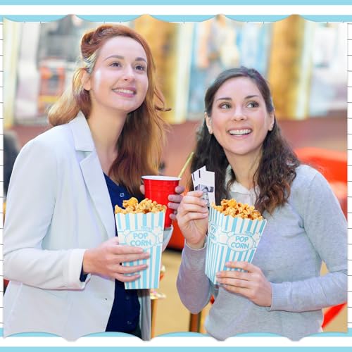 Image of Xinnun 100 Pcs Popcorn Boxes 32oz Classic Stripe Paper Buckets Disposable Oil Proof Popcorn Container Retro Open Top Box for Movie Night Supplies Theaters Carnival Birthday Party(Light Blue and White)
