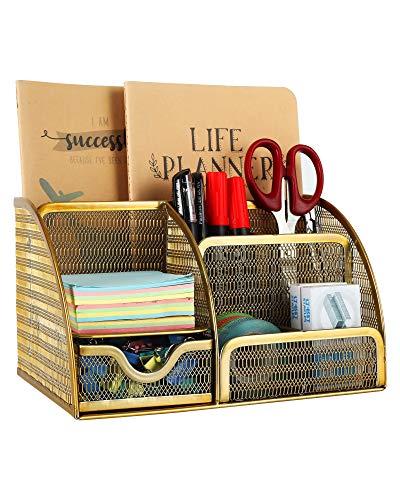 EasyPAG Mesh Desk Organizer 6 Compartment Pencil Holder Accessories Storage with Drawer for Paper and Office Supplies,Gold