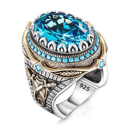 925 Sterling Silver Aquamarine Stone Turkish Handmade Men's Ring