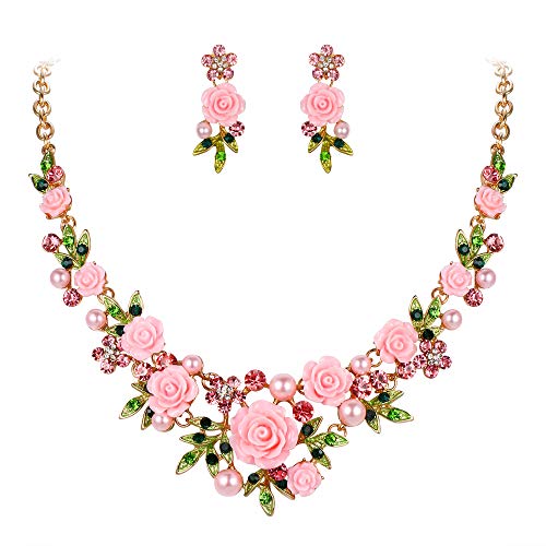 EVER FAITH Womens Crystal Simulated Pearl Pink Rose Flower Leaf Necklace Pierced Earrings Set