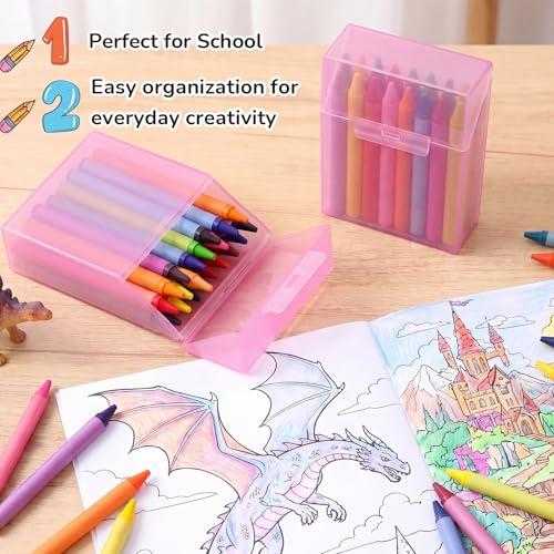 Image of Clabby 24 Pcs Clear Plastic Crayon Boxes Hold 24 Count, Pink | Organizer Box, Case, Colorful, Portable Storage Holder with Snap Lid, for Kids Boys Girls School Classroom Home Art Supply