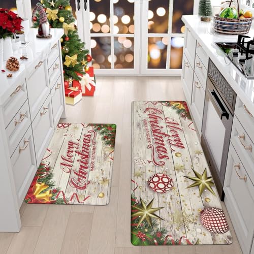 Tavvke 2 Pcs Christmas Kitchen Rug Set, Non-Slip Cushioned Mats, Waterproof & Heavy-Duty Comfort Floor Runner, Easy to Clean Kitchen Mats for Standing