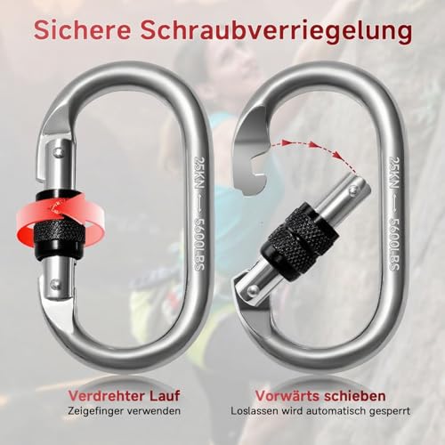 Vipuikos 2 Stück Karabinerhaken 25KN, O-förmige Karabinerhaken Groß, Schwerlast Sicherheitskarabiner Edelstahl, 2500 Kg Belastbarkeit Karabiner für Yoga, Hängematte, Camping, Schaukel(Silber+Schwarz)