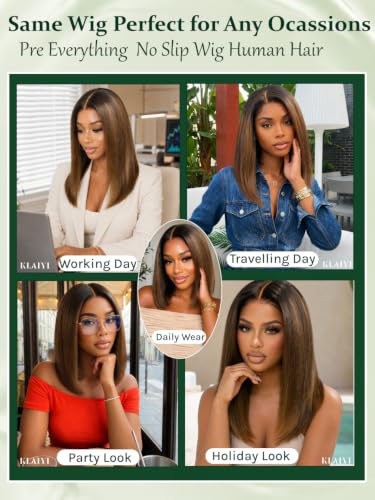 Image of KLAIYI Bye Bye Slip Ombre Chestnut Brown Glueless Precut 7x5 Yaki Straight Bob Wig Human Hair Drawstring Pre Plucked Bleached Knots Pre Everything 30S Ready to Wear and Go Wig with Dark Roots 10Inch