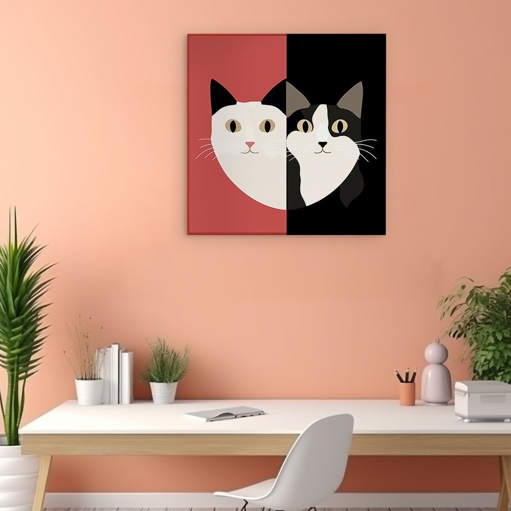 Canvas for Living room. Harmonious Contrast: A Tale of Two Cats in a Striking Yin Yang Visual Display, 27 x 18 inch Canvas Wall Art - Ready to Hang - 69x46 cm (27x18 inch)