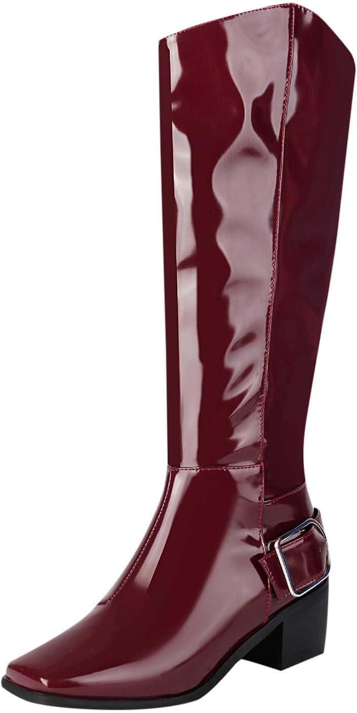 Women Knee-Length Leather Boots Pointed Toe Chunky Heel Dress Long Boots