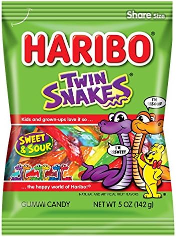 HARIBO Twin Snakes Sweet & Sour Gummy Candy, 5 oz. Bag (Pack of 12)