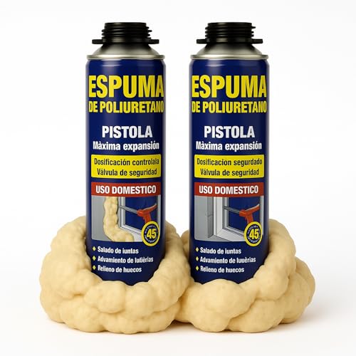 Espuma de poliuretano, poliuretano para pistola, De alta expansión, Apto para fijar, rellenar y aislar frente a ruidos, frío y corrientes de aire, No inluye pistola, Contiene 750 ml, 2 botes