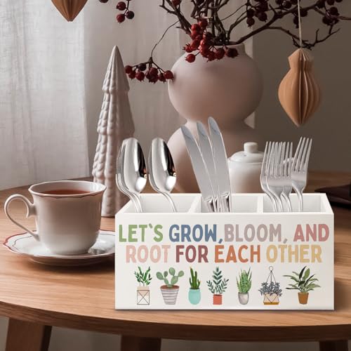 Image of Boho Plant Classroom Wooden Pen Pencil Holder for Office Desk Accessories, Back to School Supplies for Students College Boys Girls Teachers First Day of School, Let's Root for Each Other