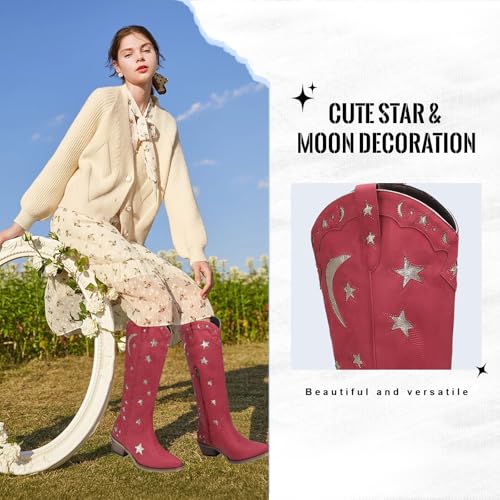 Knee High Cowgirl Boots with Stars Inlay Chunky Block Heels and Snip Toe Trend Shoes Stylish Embroidery Western Boots Cute Cowboy Boots For Ladies Casual Dressy Party4