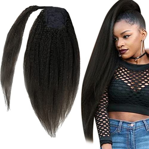 RUNATURE Kinky Ponytail Extension Human Hair for Black Women Wrap Around Human Hair Ponytail with Magic Paste 16 Inch Kinky Straight Ponytail Hairpiece Remy Human Hair 80g