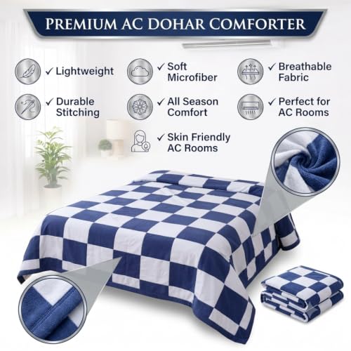 Image of Double Bed Dohar Classic Navy Check | Lightweight Summer Quilt | Soft Microfiber AC Blanket | Breathable All Season Comforter | Skin Friendly Bed Cover